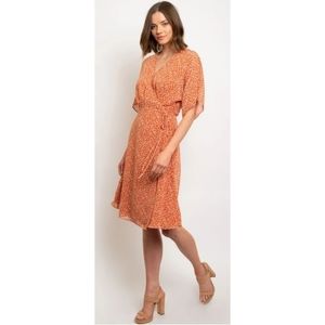 orange ditsy floral flutter sleeve chiffon v-neck Cottagecore Wrap Dress